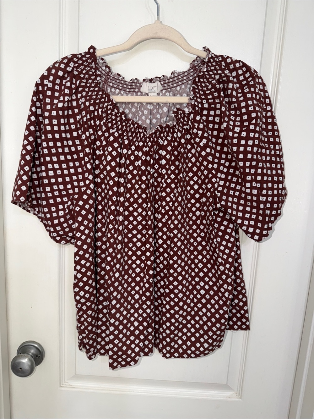 LOFT Brown White Diamond Smocked Neck Peasant Blouse
